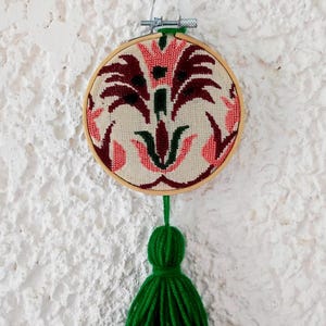 Handmade Greek Embroidered Hoop Art: Traditional Floral Cross Stitch Decor