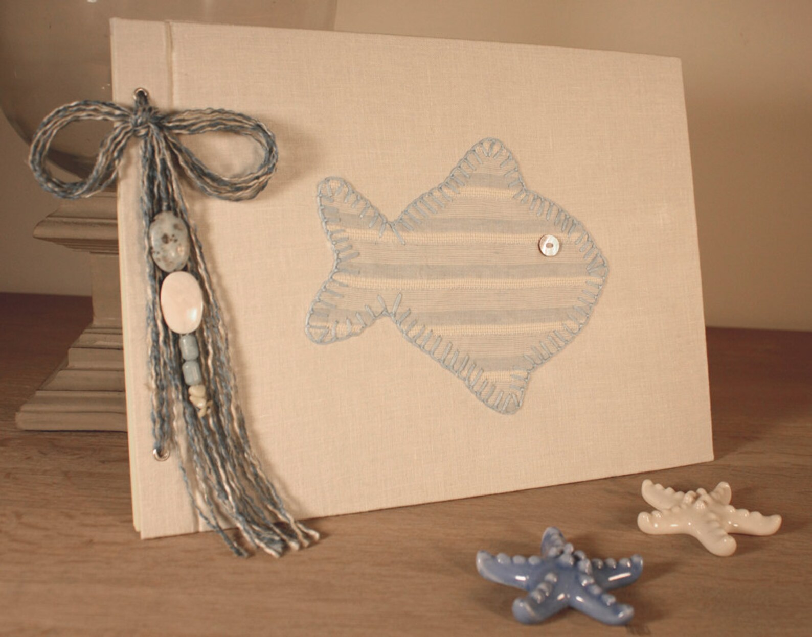 Linen Fabric Guestbook With Embroidered Hard Cover/fish Etsy