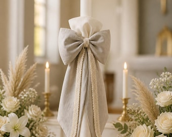 Elegant Christening Candle, Handmade Linen Lambada,  Lambatha, Greek Orthodox Baptism Set