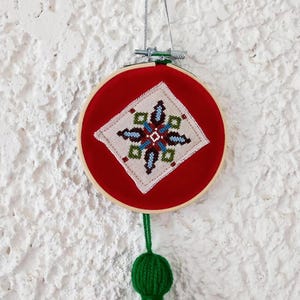Hand Embroidered Hoop Art: Greek Traditional Folk Cross Stitch Wall Decor