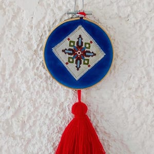 Hand Embroidered Hoop Art: Greek Traditional Folk Cross Stitch Decor