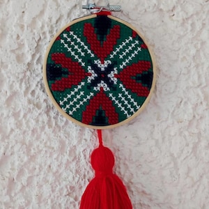 Hand Embroidered Hoop Art: Greek Traditional Folk Cross Stitch Wall Decor
