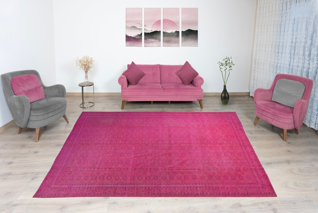 9x13 Overdyed Rug With Magenta Color, Hot Pink Purple Rug, Flower