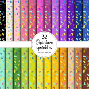 Può includere: Una collezione di 32 carte digitali con un motivo ripetuto di zuccherini colorati in varie tonalità. Un'etichetta circolare bianca centrale mostra il testo 32 Rainbow sprinkles DIGITAL PAPERS in un carattere nero corsivo e sans-serif.