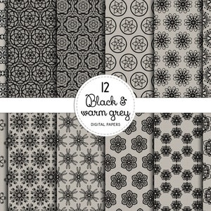 Può includere: Una collezione di 12 carte digitali con motivi geometrici e floreali neri su sfondo grigio caldo. Un'etichetta circolare bianca centrale mostra il testo 12 Black & warm grey DIGITAL PAPERS in carattere corsivo e sans-serif nero.