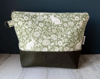 Large bunny in nature project bag for knitters and crocheters. Small pocket inside
