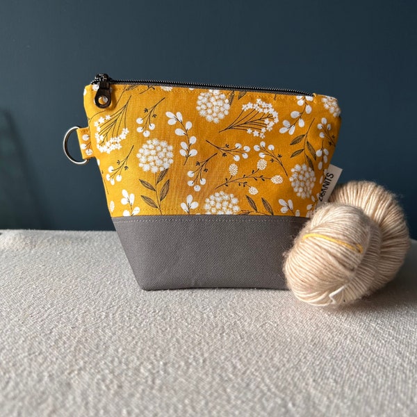 Sock knitting bag, notions pouch, yellow floral, catch all for purses, totes, canvas  flat bottom, zippered bag, whimsical, bohemian