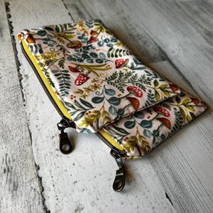 Small woodland mushroom gift card zipper pouches, notions pouches, sewing kit holders, coin purses, catch all for purses.