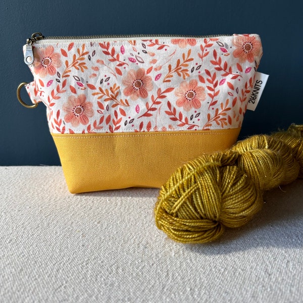 Made to order Sock knitting bag, Floral project bag, notions pouch, catch all for purses, totes, yellow canvas flat bottom, zippered bag