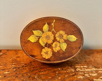 Oval wooden shaker style box with tole painting