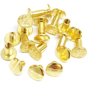 Set of 10, 3/8&quot; Engraved Floral Solid Brass Gold Chicago Screws Fastener