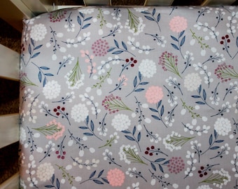 Grey Pink and Navy Wildflower Crib Bedding. Wildflower Baby Bedding. Floral Crib Bedding.
