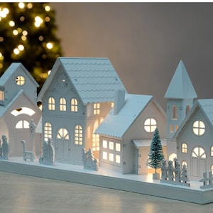 Light Up Wooden Christmas Village Scene White or Natural LED Christmas Table Centrepiece Window Decor Mantlepiece Decor Rustic Country