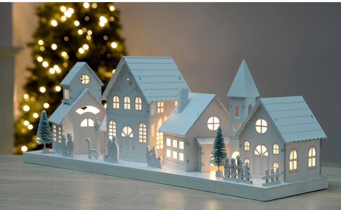 1PC Village de Noël en Bois LED Scène de Noël Maison de Village Convient  pour Table de Noël Décoration de Table