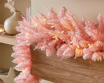 Christmas Pink Artificial Garland With Lights 180cm Led Blush Pink Xmas Garland Pink Christmas Decor Pink Decorative Garland