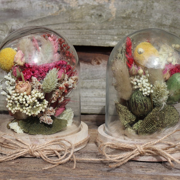 Dried Flower Arrangement in Glass Cloche Dome Dried Flowers Home Decoration Dried Flowers in Glass Dome. Mother’s Day, Birthday Gift