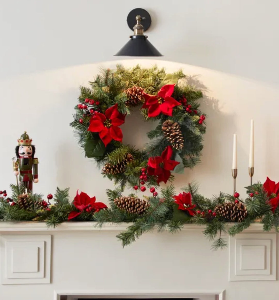 Luxury Poinsettia Wreath and Garland Set Xmas Mantlepiece Garland