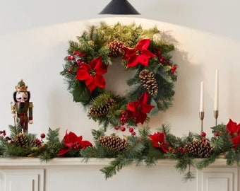 Luxury Poinsettia Wreath and Garland Set Xmas Mantlepiece Garland Fireplace Garland Xmas Stair Garland Christmas Door Wreath