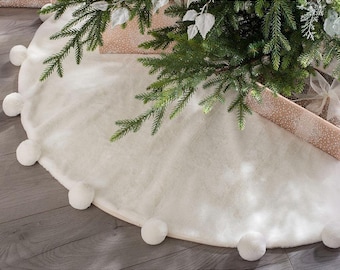 Fur Pom Pom Tree Skirt 120cm Festive Seasonal Christmas Home Decor