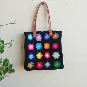 Granny squares bag/ crochet bag with multicolor tiles/ faux leather handle/ crochet/ fashion 2021