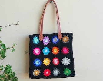 Granny squares bag/ crochet bag with multicolor tiles/ faux leather handle/ crochet/ fashion 2021