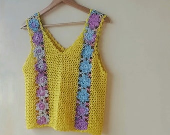 Yellow tank top and multicolored flowers/ crochet tank top/ crochet fashion/ crochet tank top/ bohemian style / boho chic