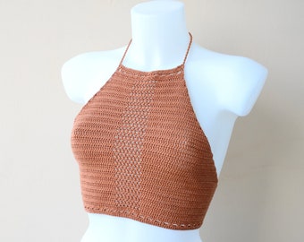 Croptop crochet summer / bronze/ boho style/ to be tied with laces/ sea fashion/ 100% cotton