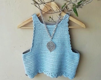 Women's top gyromaniche crochet with two-tone ecological yarn double face/ sold with necklace included as in the photo / biho chic