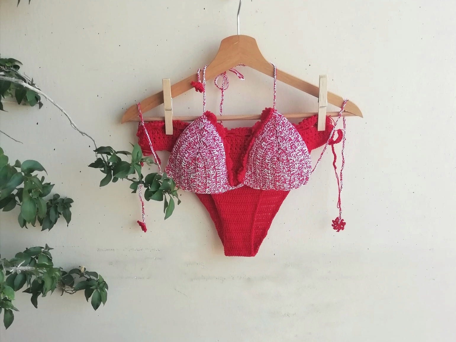 Crochet cotton bikini / boho red and white / beachwear 2022 / made in italy / romantic and original costume