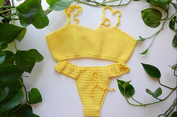 Bikini CROCHET Elastic Two-piece Yellow / Two-piece Swimsuit in Mecrofibra  / Beach Fashion / Yellow Bikini / Bandeau Bikini -  Sweden