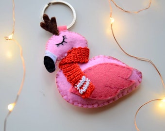 Pink flamingo pretends to be reindeer / Christmas gift / keychain or decoration for Christmas / cute gift