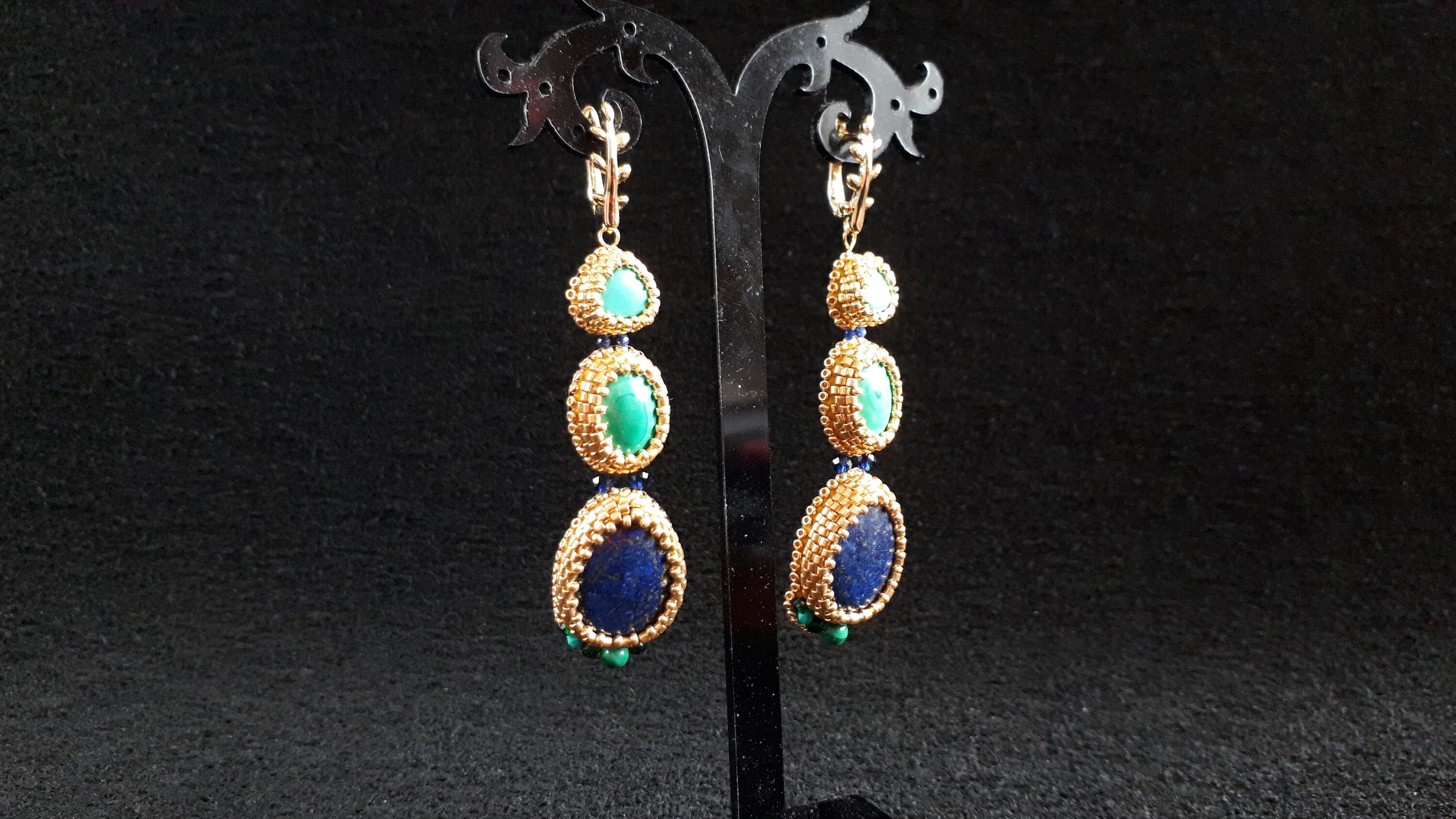 Lapis lazuli earrings long beaded gold big earrings boho | Etsy