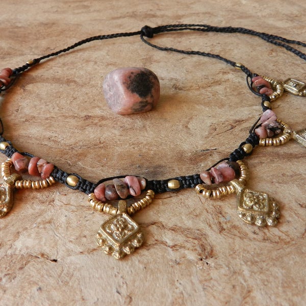 Collier Tribal Rhodonite ••• Collier Ethnique ••• Fait à la main