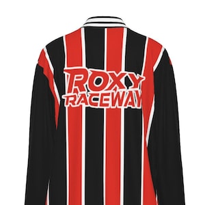 May include: Black and red striped bomber jacket with the text "ROXY RACEWAY" in red on the back.