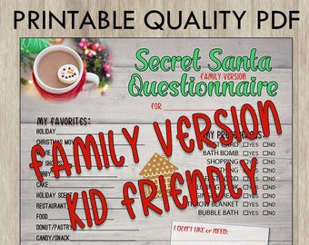 PDF Gift Exchange Questionnaire - Secret Santa (FAMILY Version - Kid Friendly)