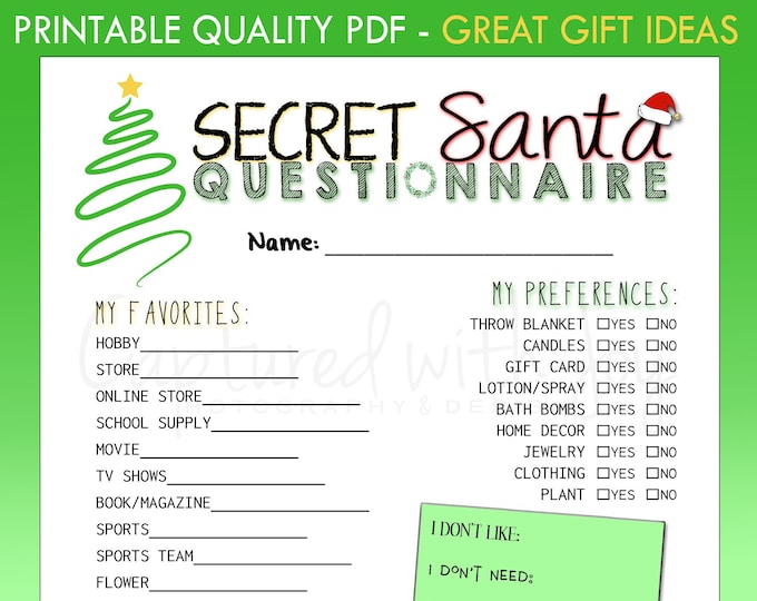 Printable PDF Secret Santa Questionnaire for Gift Exchange (work or ...