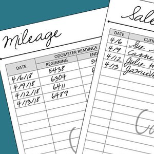 May include: A black and white printable sales and mileage log sheet with the words "Sales" and "Mileage" at the top. The sheet is divided into columns with headings for date, client name, items, subtotal, fees, taxes, and total sale.