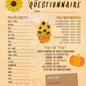 Printable PDF - Fall Friends Questionnaire for Fall Theme Gift Exchange ...