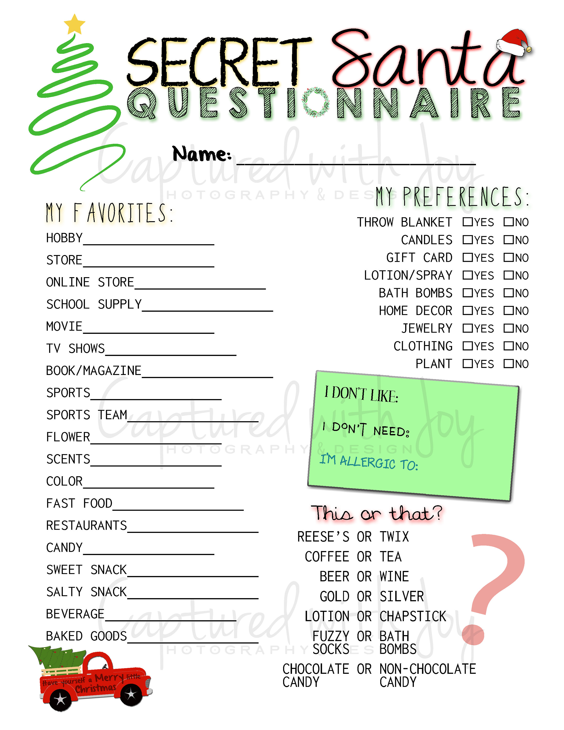 Printable PDF Secret Santa Questionnaire for Gift Exchange (work or Printable PDF Secret Santa Questionnaire for Gift Exchange (work or