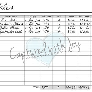 May include: A sales log with a handwritten list of clients, dates, items, subtotals, fees, taxes, and total sales. The total sales amount is $330.44.
