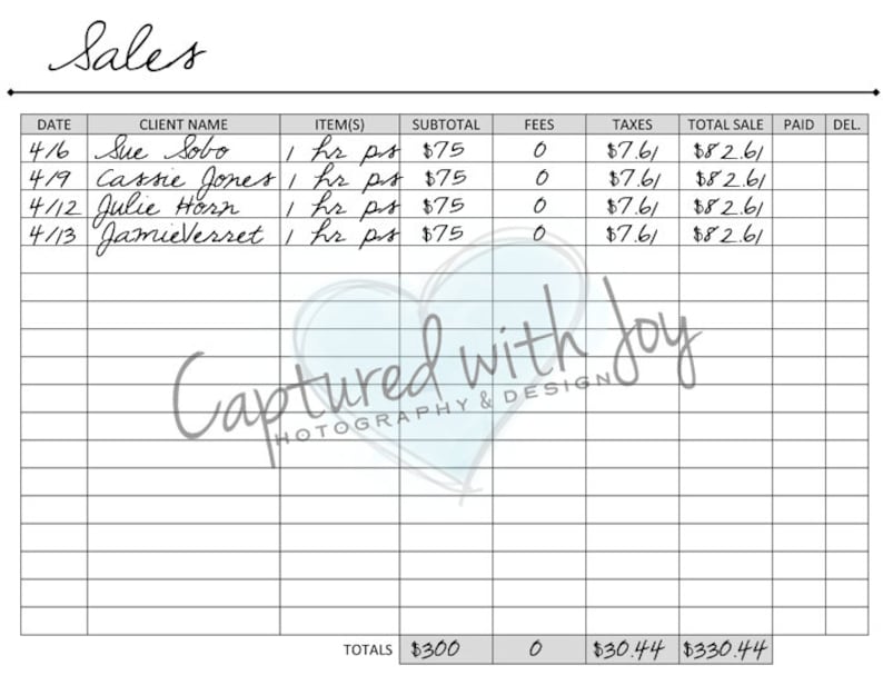 May include: A sales log with a handwritten list of clients, dates, items, subtotals, fees, taxes, and total sales. The total sales amount is $330.44.