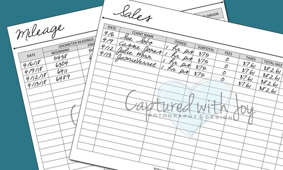 Mileage Log & Sales Log - Printable - INSTANT PDF DOWNLOAD
