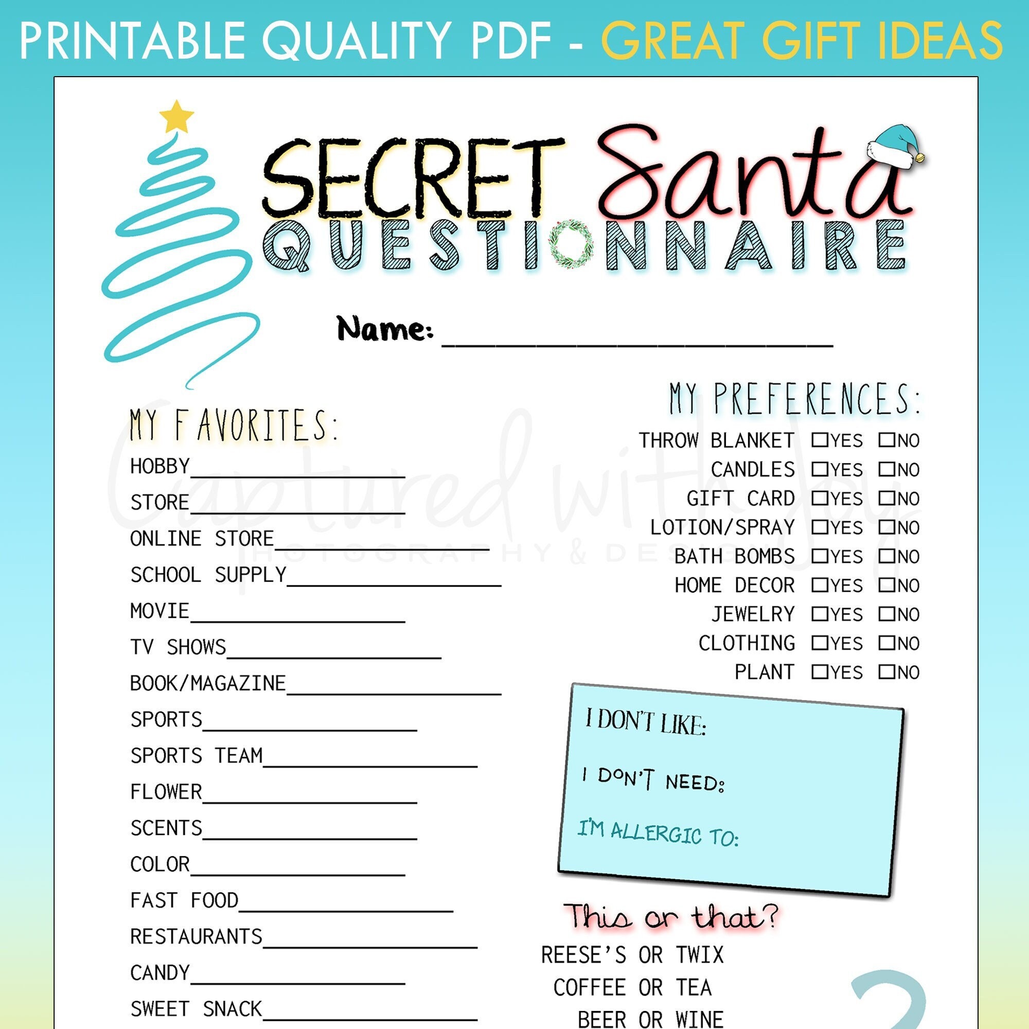 Secret Santa Questionnaire Printable. Secret Santa Form. Secret Santa for  Work. Secret Santa Printable. Secret Santa Wish List. Christmas 