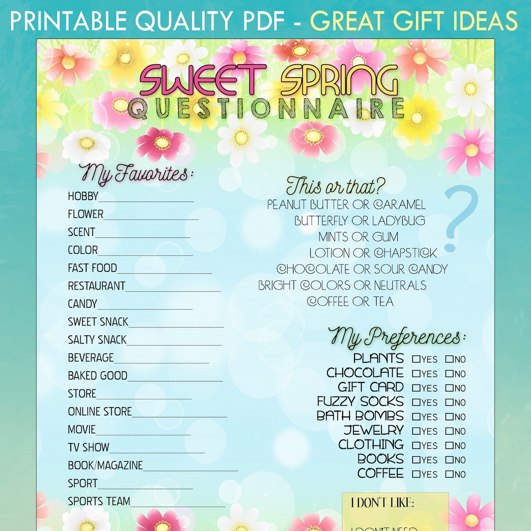 Spring Gift Questionnaire PRINTABLE PDF - Sweet Spring Questionnaire (gift Exchange, Gift Ideas ...
