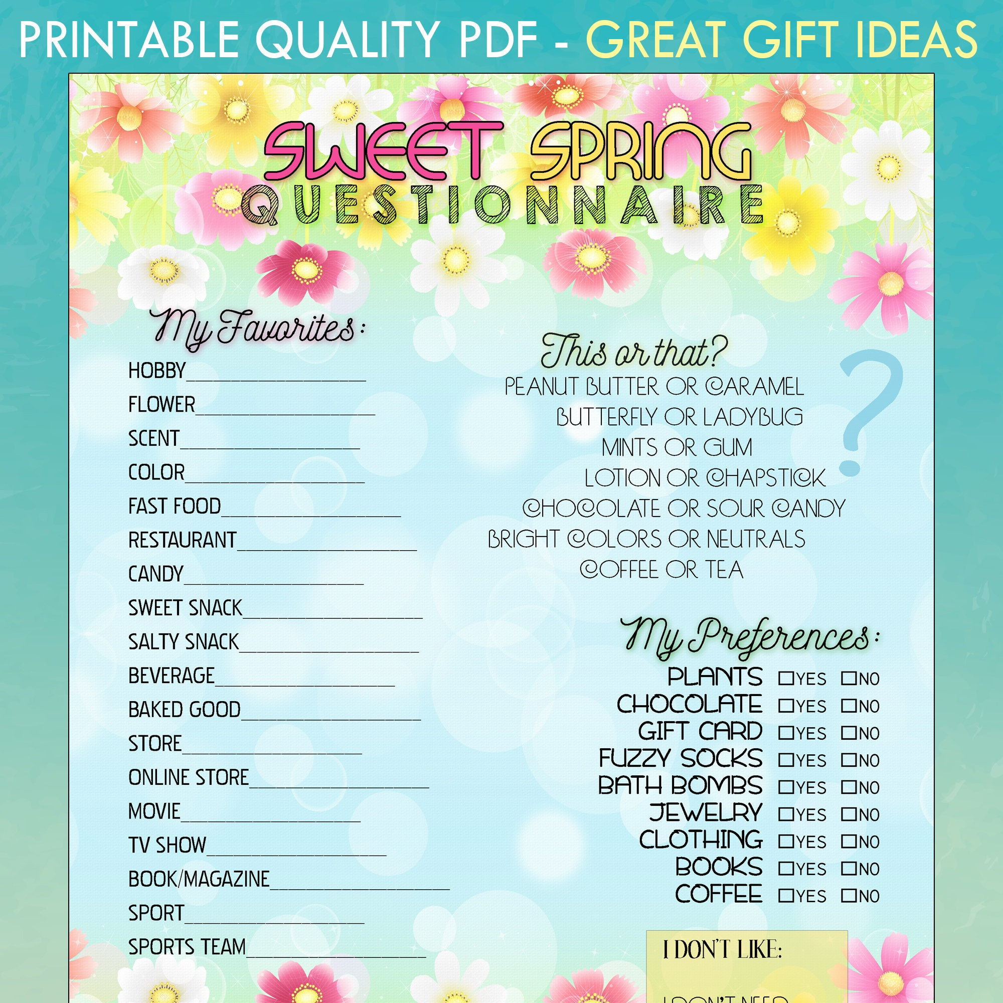 PRINTABLE PDF Sweet Spring Questionnaire gift Exchange, Gift Ideas