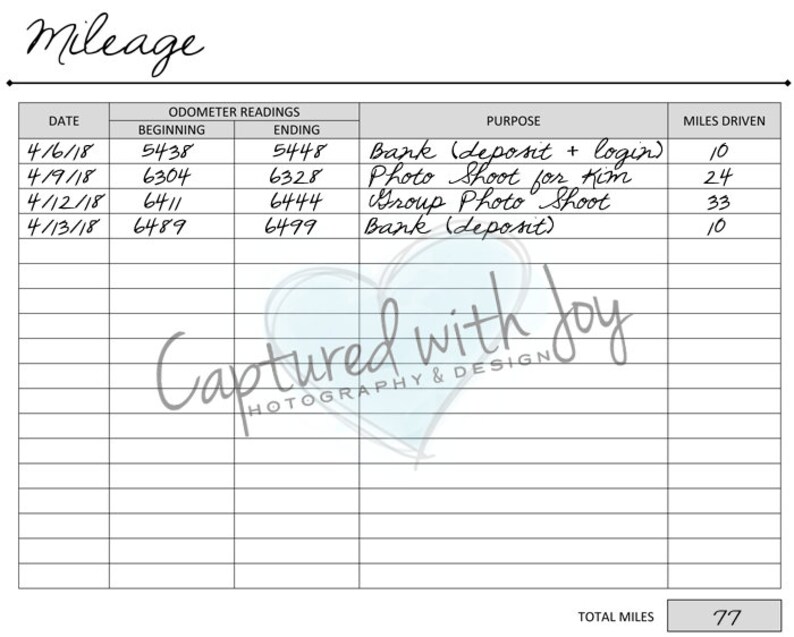 May include: A mileage log sheet with a handwritten table listing dates, odometer readings, purpose, and miles driven. The total miles driven is 77.