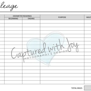 May include: A printable mileage log sheet with columns for date, odometer readings, purpose, and miles driven. The sheet has a gray background and a light blue heart with the text "Captured with joy Photography & Design" in the center.