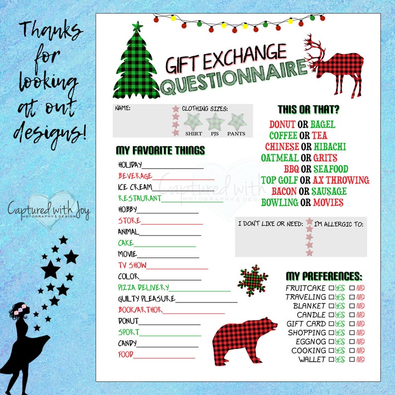 Printable PDF Gift Exchange Questionnaire PLAID DESIGN work Etsy