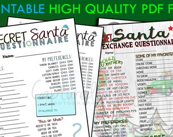 Set of 2 - Secret Santa Gift Exchange Questionnaires - Printable PDF (Work or Personal) #20-21