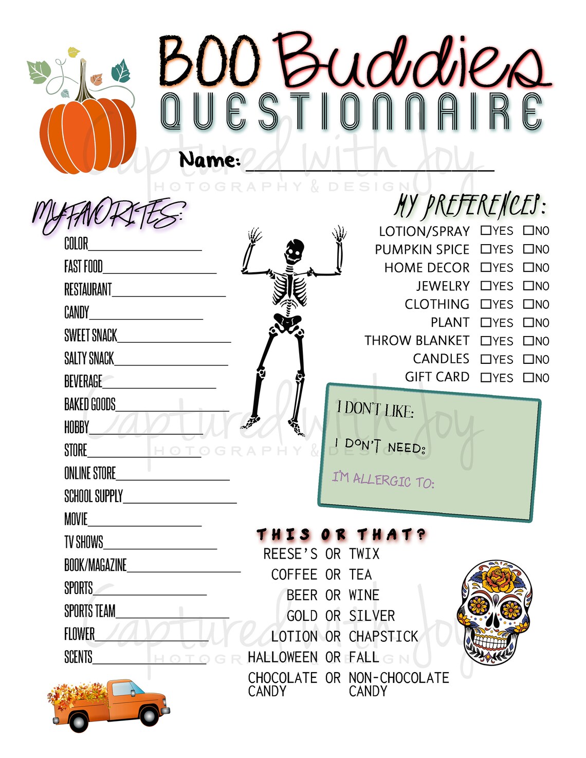 Printable PDF - Boo Buddies Questionnaire for Halloween Theme Gift ...